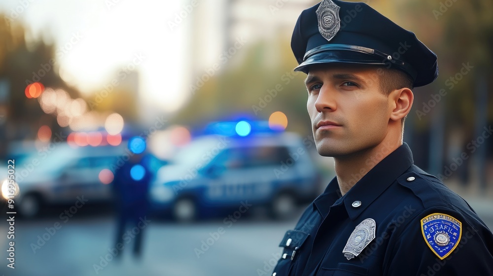 Close-Up Police Officer with Clear Background and Patrol Cars Close-Up Police Officer with Clear Background and Patrol Cars