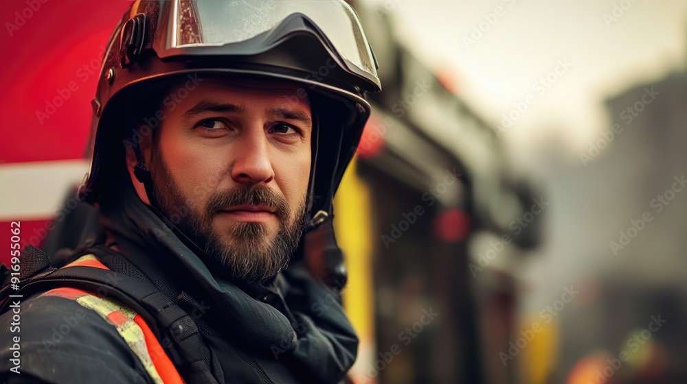 Firefighter with Firetruck in Background, Ready for Action Firefighter with Firetruck in Background, Ready for Action