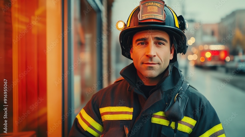 Firefighter in Gear with Fire Engine, Professional Portrait Firefighter in Gear with Fire Engine, Professional Portrait