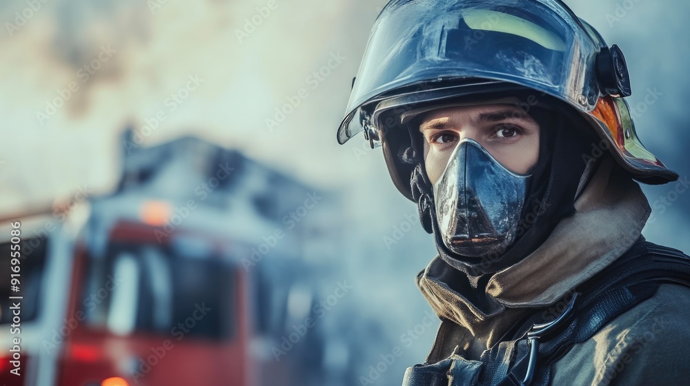 Portrait of a Dedicated Firefighter in Uniform with Firetruck Behind Portrait of a Dedicated Firefighter in Uniform with Firetruck Behind