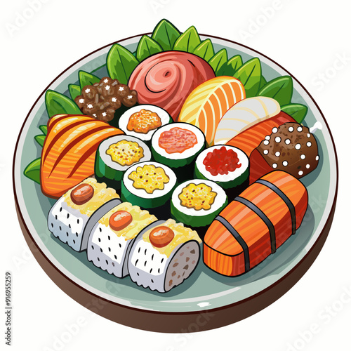 Assorted Sushi on a Plate with Green Leaves