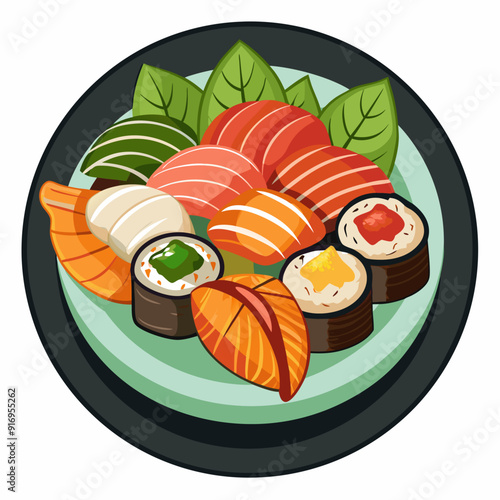 Assorted Sushi on a Green and Black Plate