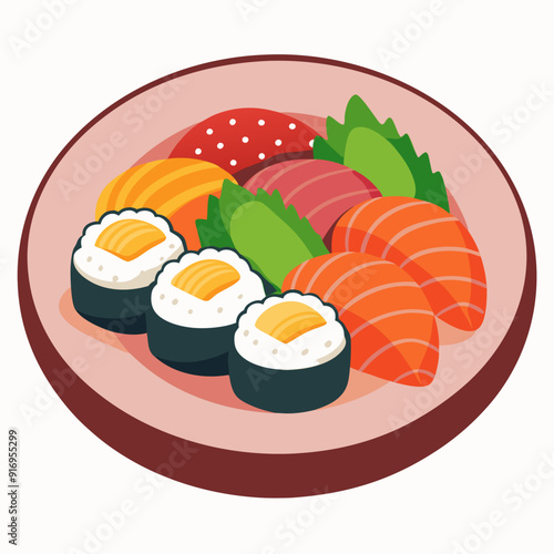A Plate of Assorted Sushi with Salmon, Tuna, and Maki Rolls