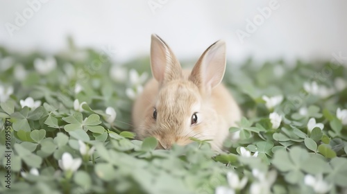 A bunny nestled in a bed of fresh clover on a white surface. The gentle and relaxed pose emphasizes the peta??s calm and content demeanor. photo