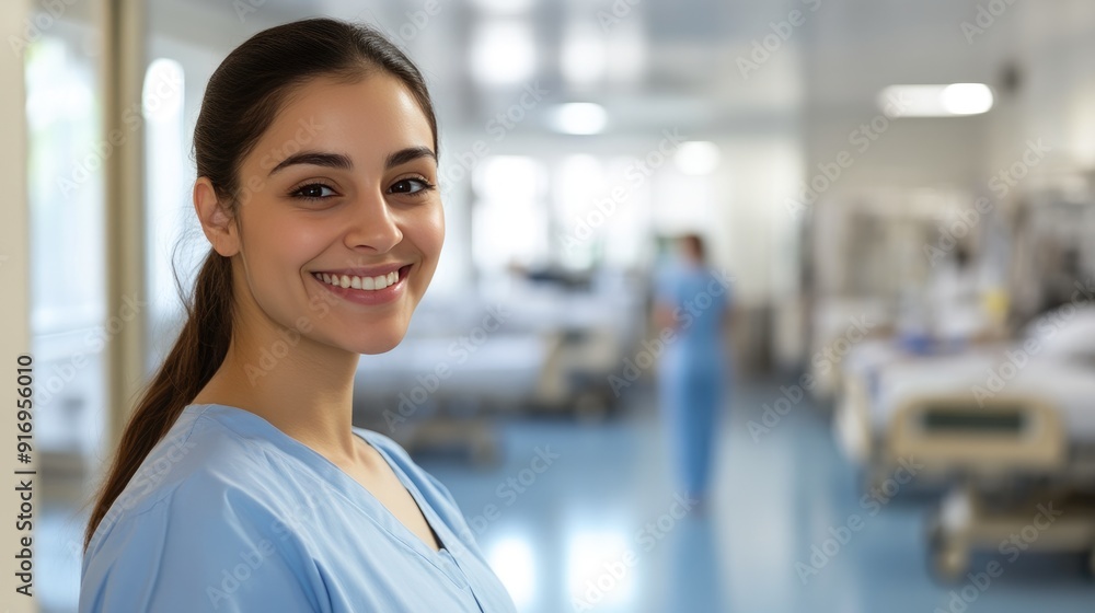 Smiling Nurse with Hospital Ward Backdrop Smiling Nurse with Hospital Ward Backdrop