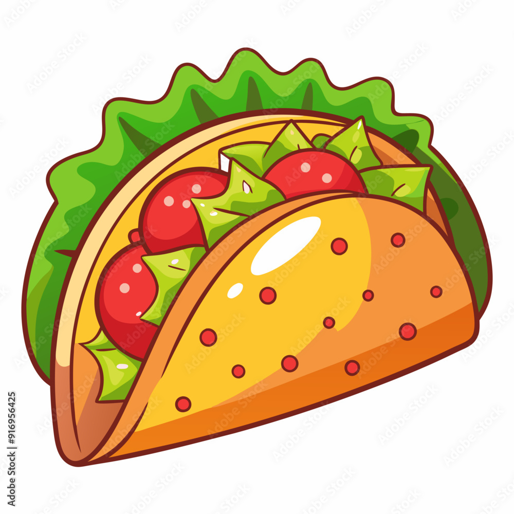 A Cartoon Illustration of a Taco with Lettuce and Tomatoes A Cartoon Illustration of a Taco with Lettuce and Tomatoes