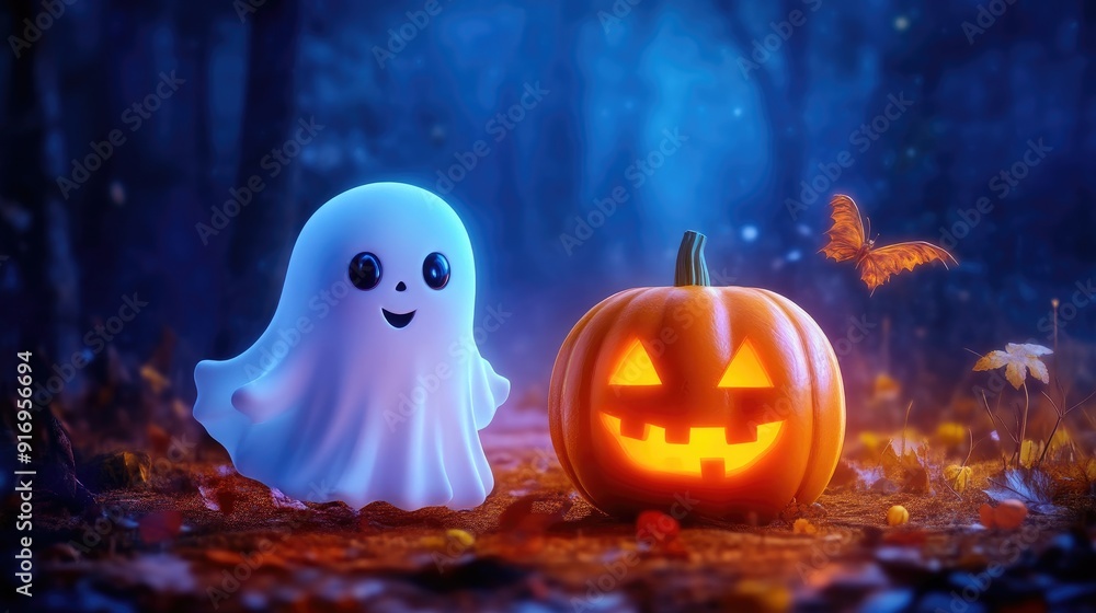 Festive Halloween Background with Jack-o'-Lanterns and Ghosts Festive Halloween Background with Jack-o'-Lanterns and Ghosts