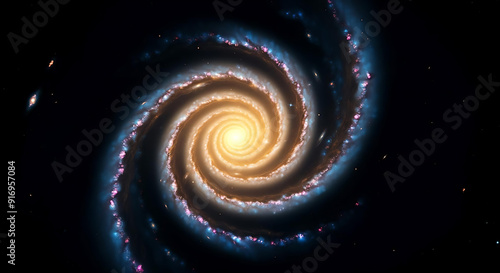 Spiral Galaxie bunt leuchtend aus Sternen wirbelnd im dunkeln Universum Teleskop Aufnahme ferner Welten als Hintergrund und Vorlage für wissenschaftliche Weltall All Raum Gestirn Licht photo