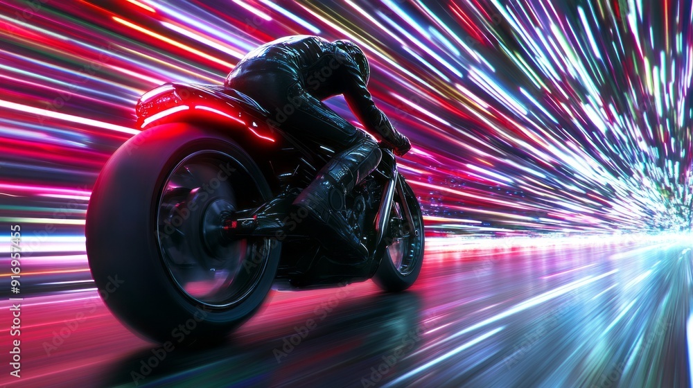Obraz premium A motorcyclist speeds through a vibrant neon-lit cityscape at night