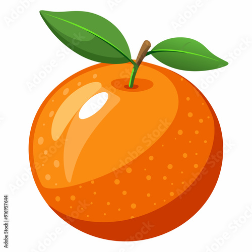 Single Orange with Green Leaves and Stem