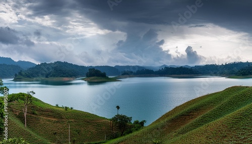 scenic landscape panorama on picturesque kaptai lake under moody sky rangamati chittagong bangladesh photo