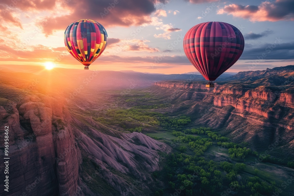 Fototapeta premium Hot Air Balloon Drifting Over Serene Countryside