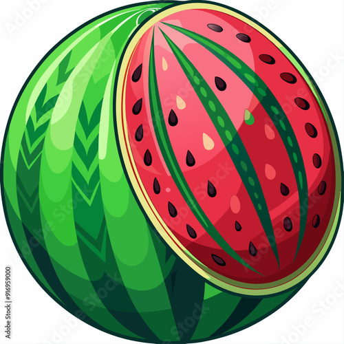 A Sliced Watermelon with Green Stripes and Black Seeds