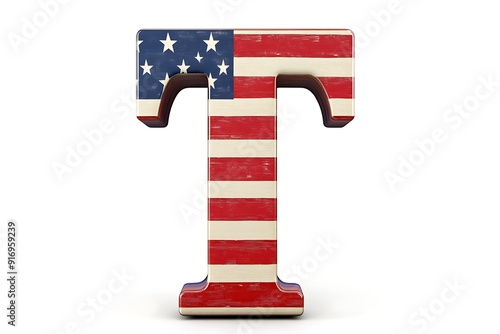 Letter T stars and stripes american flag lettering font. 3D Rendering