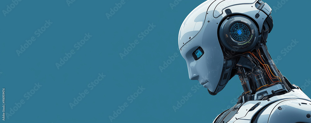 Futuristic AI Robot Head with Blue Lights and Visible Wiring Futuristic AI Robot Head with Blue Lights and Visible Wiring
