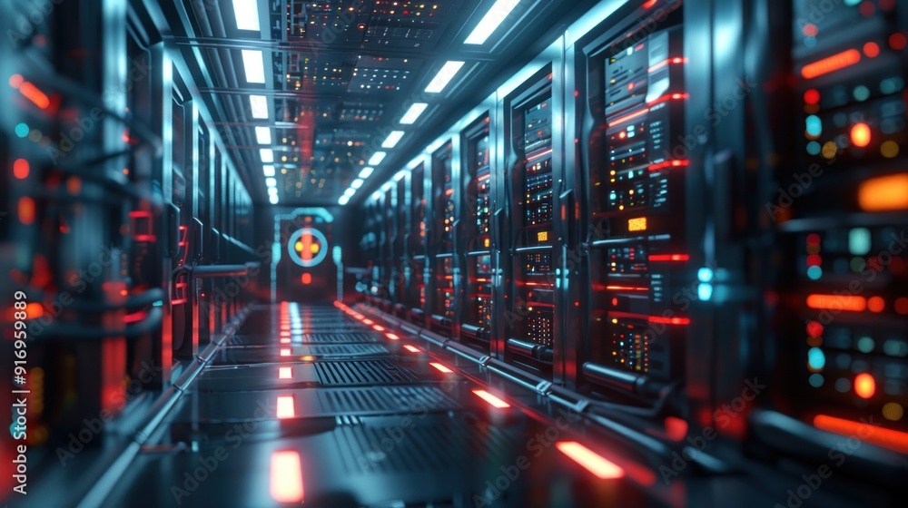A futuristic data center with glowing lights and advanced equipment. The scene is high-tech and secure, highlighting data storage and technology. A futuristic data center with glowing lights and advanced equipment. The scene is high-tech and secure, highlighting data storage and technology.