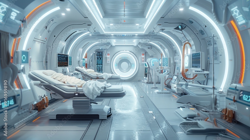 Obraz premium A futuristic medical room with advanced technology and digital screens. The scene is clean and high-tech, highlighting medical innovation and technology.
