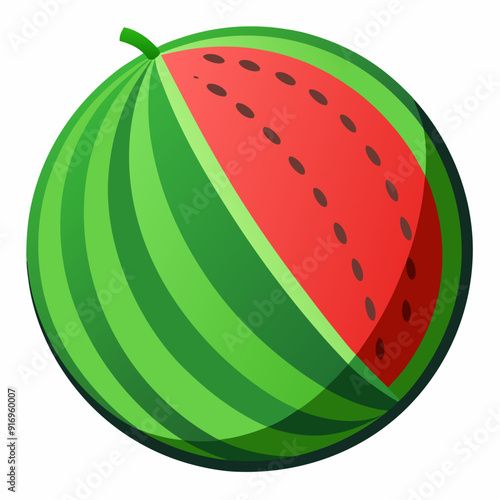 A whole watermelon with a slice cut out, revealing the red flesh and black seeds
