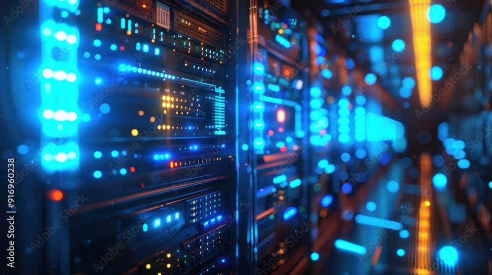 A futuristic server room with glowing blue lights. The scene is high-tech and secure, highlighting data centers and cybersecurity. A futuristic server room with glowing blue lights. The scene is high-tech and secure, highlighting data centers and cybersecurity.