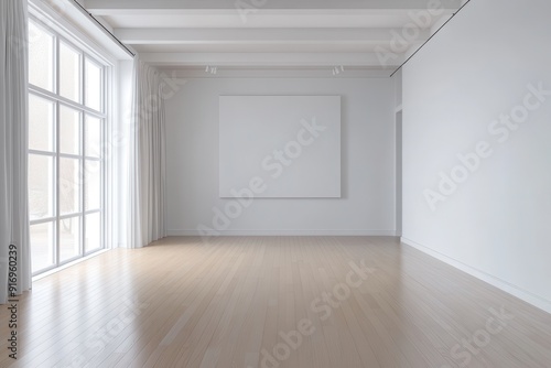 A spacious and bright modern art gallery with an empty white frame, used for mockups and designs.