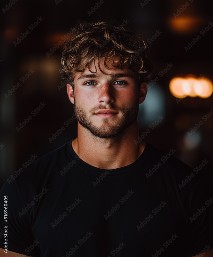 Serious young man with curly blonde hair and a beard, standing confidently in a warmly lit environment. Serious young man with curly blonde hair and a beard, standing confidently in a warmly lit environment.