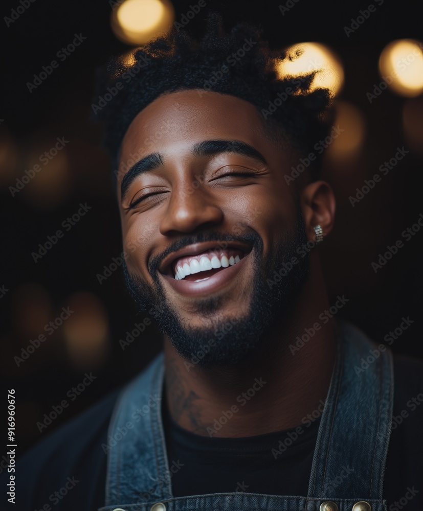 Smiling young African American man with short hair wearing a denim apron, standing confidently in a dimly lit environment. Smiling young African American man with short hair wearing a denim apron, standing confidently in a dimly lit environment.