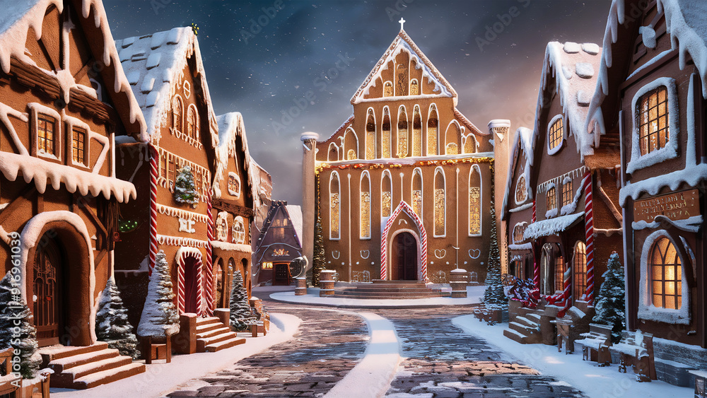 A captivating conceptual illustration set in the Middle Ages, featuring a picturesque gingerbread village during a festive Christmas celebration A captivating conceptual illustration set in the Middle Ages, featuring a picturesque gingerbread village during a festive Christmas celebration