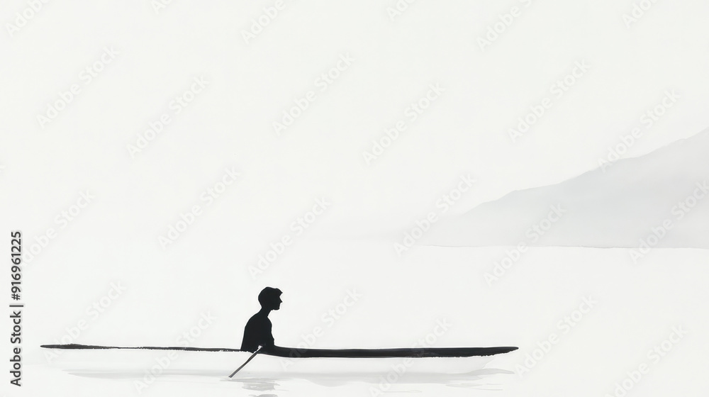 A minimalistic black and white painting depicts a solitary figure rowing a boat across a serene body of water, capturing a profound sense of solitude and contemplation. A minimalistic black and white painting depicts a solitary figure rowing a boat across a serene body of water, capturing a profound sense of solitude and contemplation.