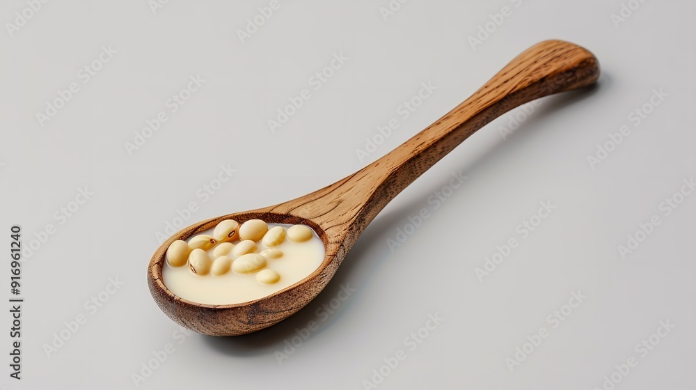 Soy milk in a spoon with isolated soybeans on a white backdrop. Generative Ai Soy milk in a spoon with isolated soybeans on a white backdrop. Generative Ai