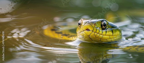 A non venomous water snake is slowly swimming in the shallow water by the shoreline with its head above the surface on a sunny summer day seen up close. with copy space image photo