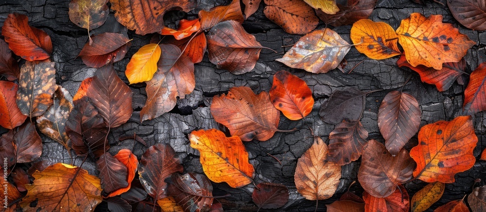 fallen autumn foliage and leaves on weathered wood. with copy space image. Place for adding text or design fallen autumn foliage and leaves on weathered wood. with copy space image. Place for adding text or design