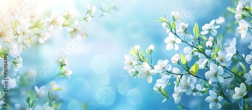 A frame composed of flowering branches set against a blue background. with copy space image. Place for adding text or design