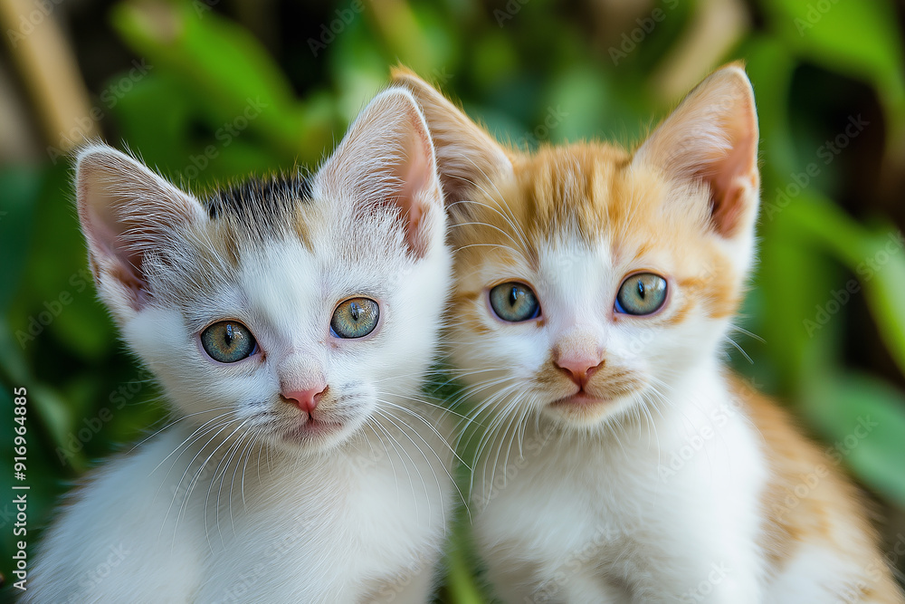 Two kittens looking directly at the camera, their eyes wide open, symbolizing curiosity, innocence, and the cuteness of young animals. Two kittens looking directly at the camera, their eyes wide open, symbolizing curiosity, innocence, and the cuteness of young animals.