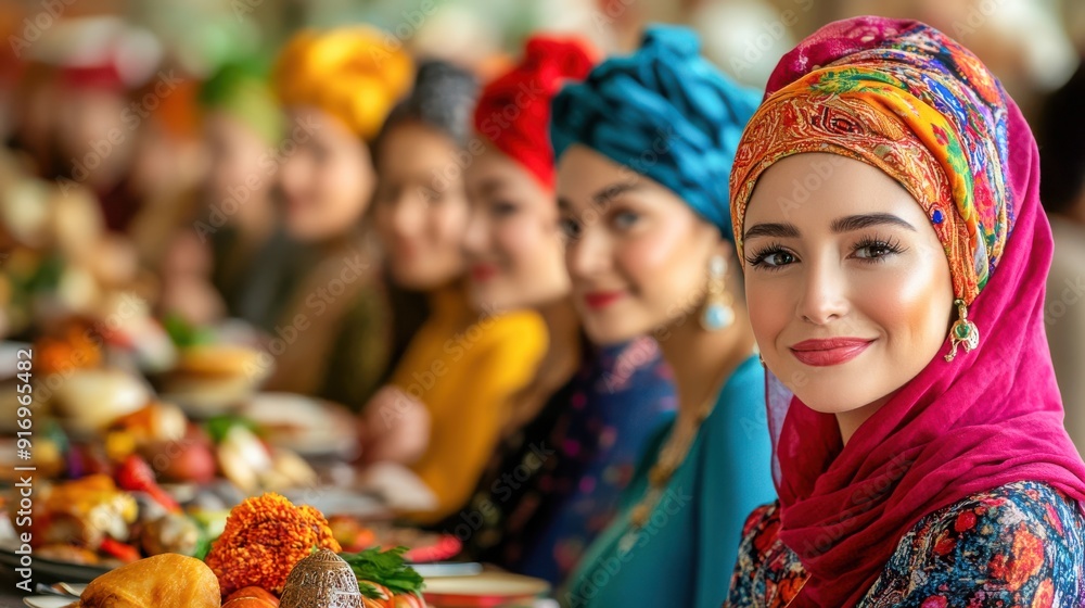 Fototapeta premium Beautiful Muslim Women in Colorful Headscarves at a Festive Gathering