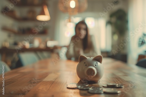 A piggy bank on a wooden table with coins, blurred background of a person.