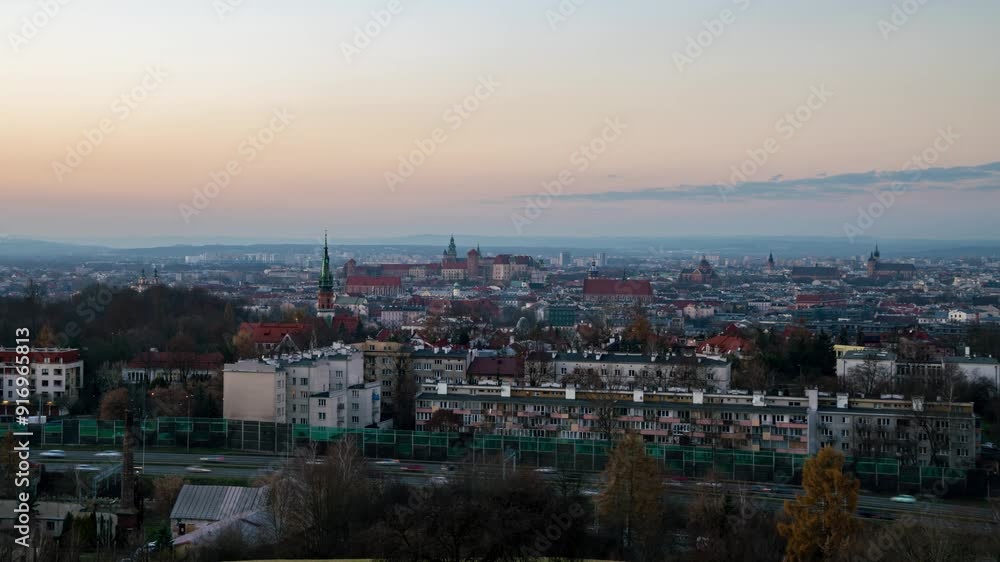 Captivating Krakow Skyline as Sun Sets - High-Speed View Captivating Krakow Skyline as Sun Sets - High-Speed View