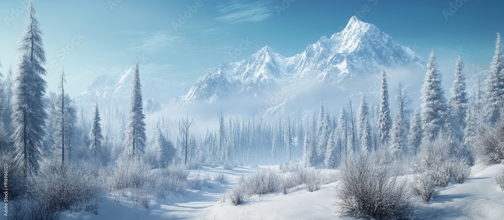 Fototapeta premium The mountains Winter No stress no deadlines just complete tranquility and rest Dense snow blanketed forests rugged trees and bushes and the white crowns of snow laden trees. with copy space image