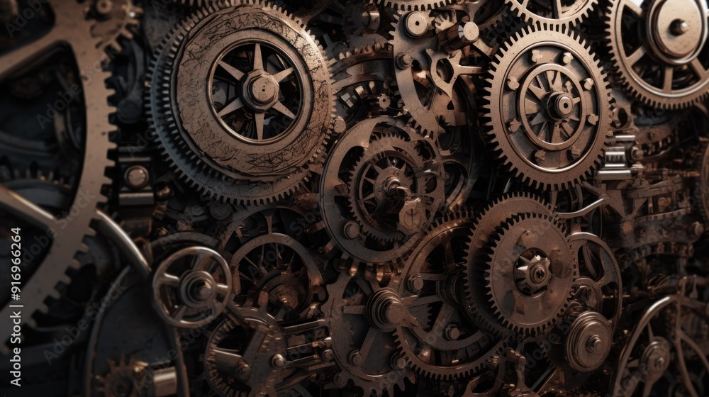 Closeup of an intricate clockwork mechanism with cogs and gears Closeup of an intricate clockwork mechanism with cogs and gears