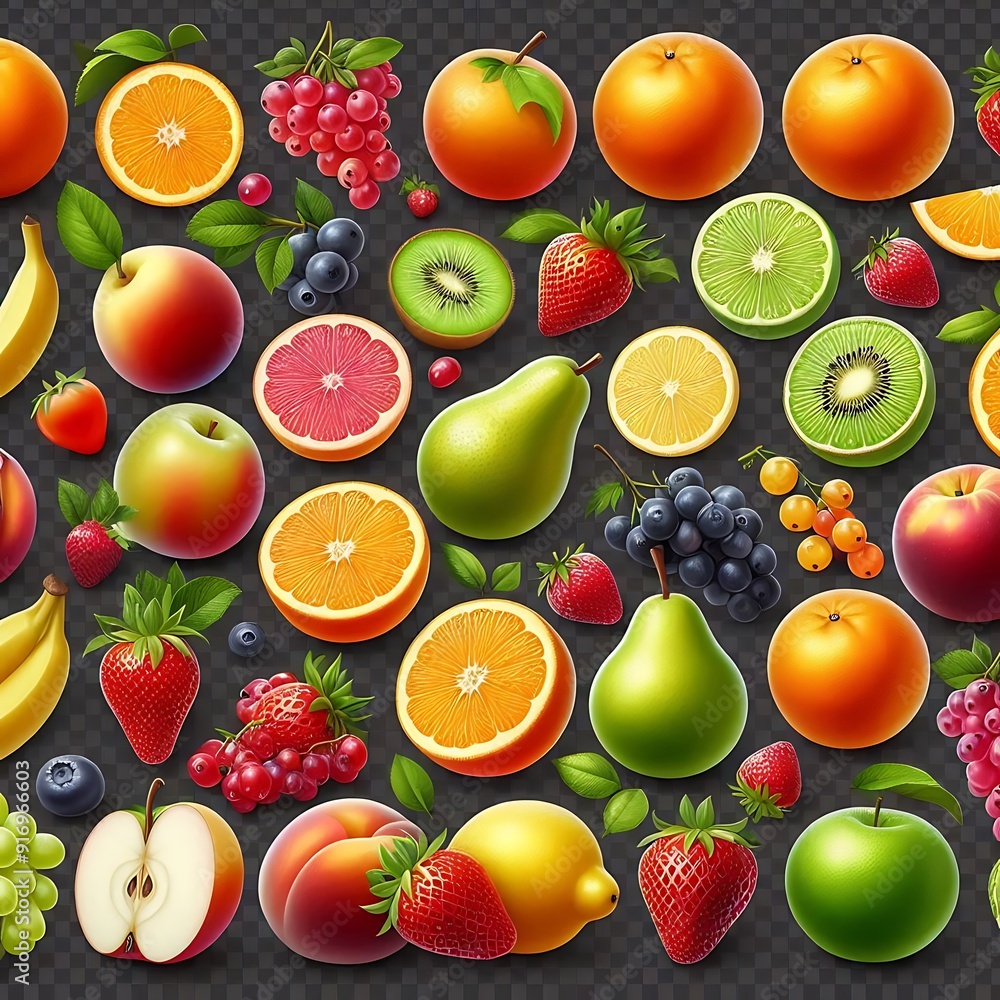 An assortment of fresh fruits, including berries, citrus, and grapes, arranged neatly against isolated
An assortment of fresh fruits, including berries, citrus, and grapes, arranged neatly against isolated