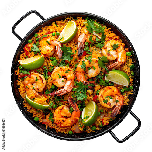 Front view of mouth-watering Cuban Arroz con Camarones (Shrimp Rice) in an elegant Havana-themed paella pan, isolated on a white transparent background