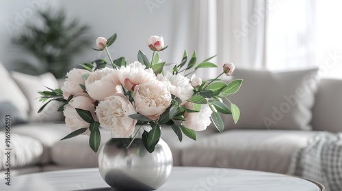 A chic bouquet of peonies and greenery in a metallic vase, adding a touch of elegance to a modern living room.