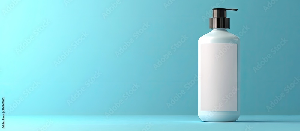 White bottle shampoo mockup with a blank label on a blue background beauty and health care bottle. with copy space image. Place for adding text or design White bottle shampoo mockup with a blank label on a blue background beauty and health care bottle. with copy space image. Place for adding text or design
