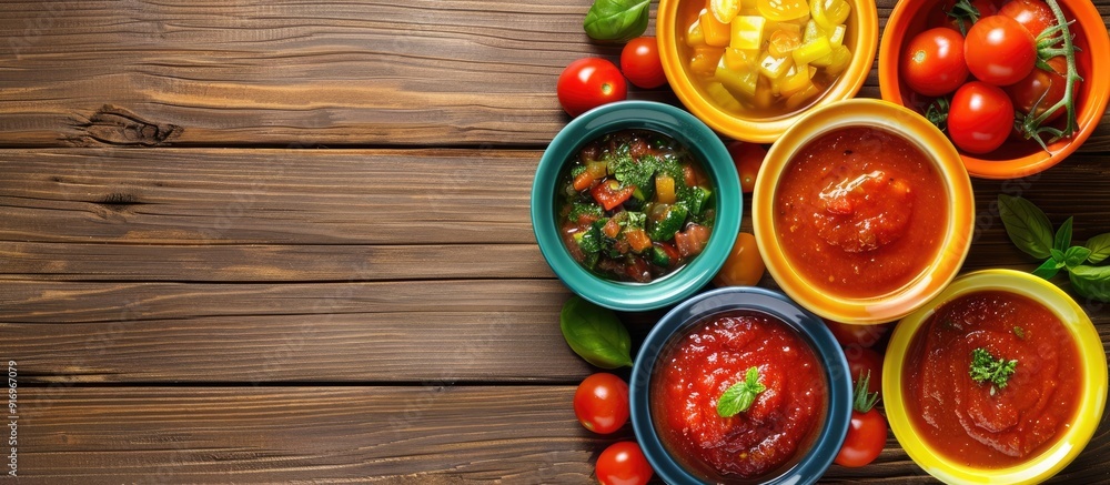 Colored bowls filled with tomato gazpacho soup are positioned in a corner on a wooden surface Top view copy space Colored bowls filled with tomato gazpacho soup are positioned in a corner on a wooden surface Top view copy space