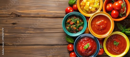 Colored bowls filled with tomato gazpacho soup are positioned in a corner on a wooden surface Top view copy space