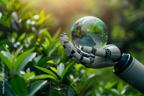 Robot hand with plants, Green technology and Environmental technology.