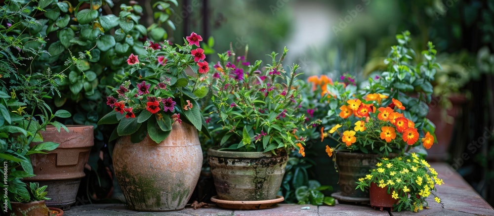 Plants placed in pots to enhance the beauty of the garden in the yard. with copy space image. Place for adding text or design Plants placed in pots to enhance the beauty of the garden in the yard. with copy space image. Place for adding text or design
