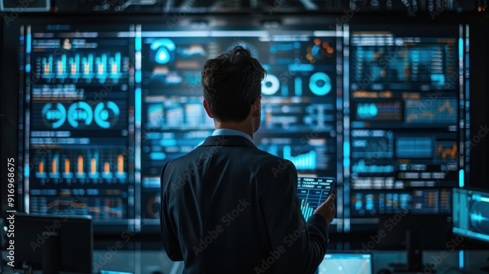 A businessman analyzing data on a digital interface in a modern office. The scene is professional and focused, highlighting business analysis and data visualization. A businessman analyzing data on a digital interface in a modern office. The scene is professional and focused, highlighting business analysis and data visualization.