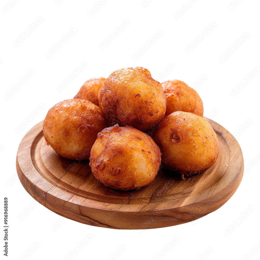 Front view of scrumptious Cuban Malanga Fritters (Buñuelos de Malanga) on a traditional wooden board, isolated on a white transparent background
Front view of scrumptious Cuban Malanga Fritters (Buñuelos de Malanga) on a traditional wooden board, isolated on a white transparent background