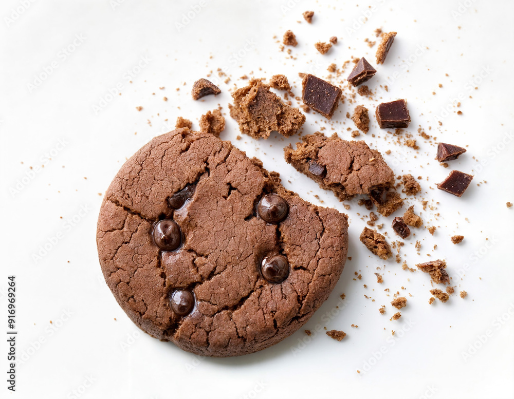 Top view of a Chocolate chip cookie with chocolate pieces isolated in white background Top view of a Chocolate chip cookie with chocolate pieces isolated in white background