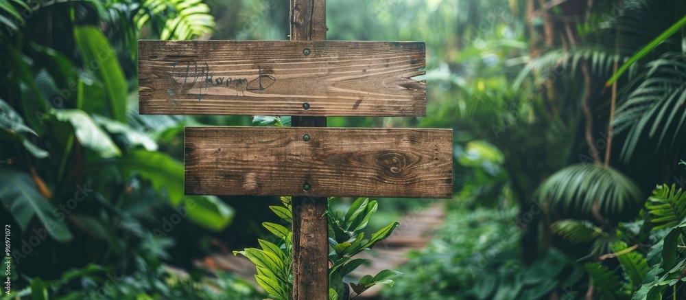 Wooden signs are displayed side by side against a lush green backdrop with ample copy space image Wooden signs are displayed side by side against a lush green backdrop with ample copy space image